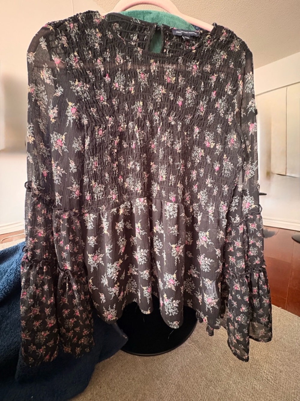 American Eagle Outfitters Black Smocked Floral Top with Pink & Cream Accents